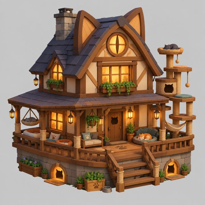 A timber-and-stone cottage with cat-ear gables, a cat's-eye attic window, glowing windows, a porch full of cat beds and a cat tree.